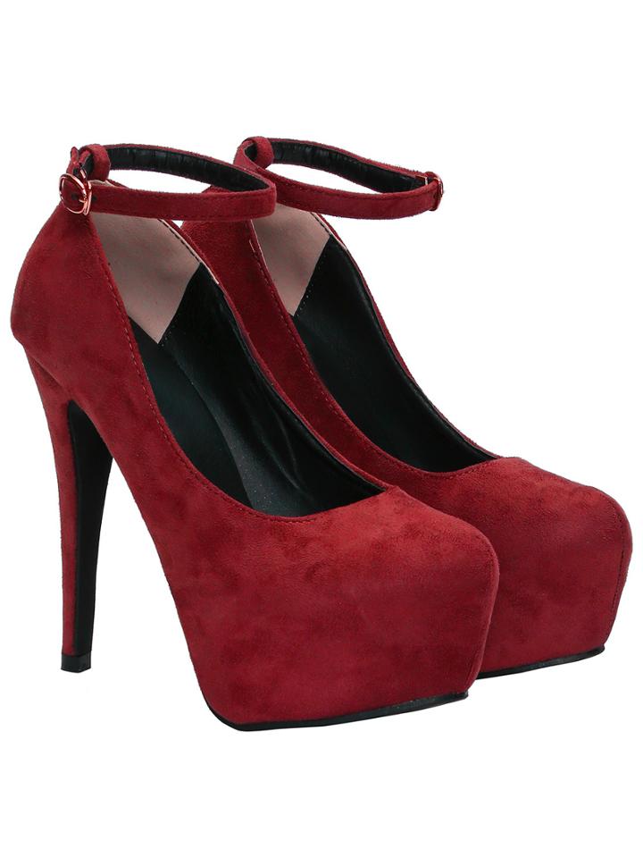 Romwe Red Buckle Suede High Stiletto Heel Pumps