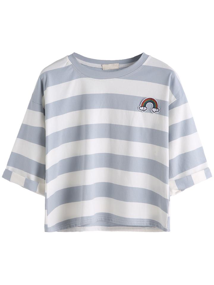 Romwe Contrast Striped Roll Sleeve Patch T-shirt