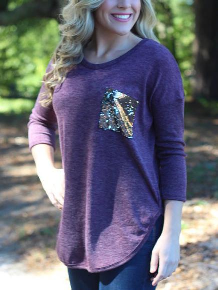 Romwe Sequined Pocket Purple T-shirt