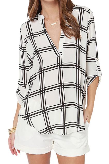 Romwe Check Print V-neck Loose Chiffon Blouse