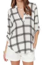 Romwe Check Print V-neck Loose Chiffon Blouse