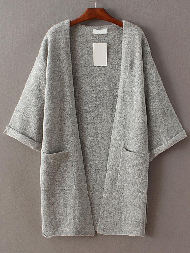 Romwe Grey Roll Cuff Split Side Pocket Cardigan