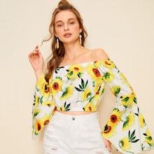 Romwe Sunflower Print Flounce Sleeve Bardot Crop Top