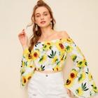 Romwe Sunflower Print Flounce Sleeve Bardot Crop Top