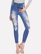 Romwe Rhinestone Detail Shredded Jeans