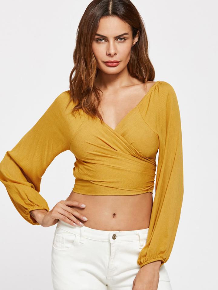 Romwe V Neckline Wrap Self Tie Back Crop Top