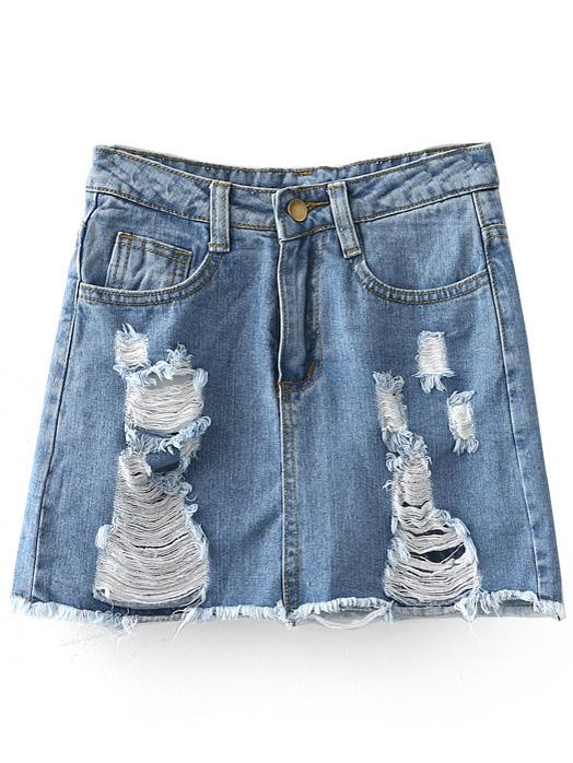Romwe Light Blue Pockets Ripped Hole Denim Culottes