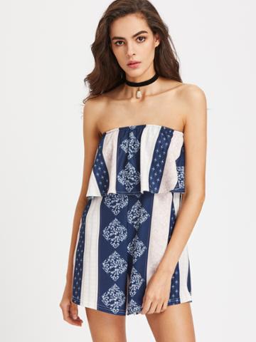Romwe Strapless Wide Striped Printed Layered Romper