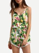 Romwe Flower Print Drawstring Trimmed Cami Romper