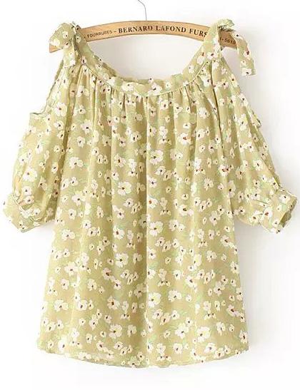 Romwe Pastel Floral Print Chiffon Green Top