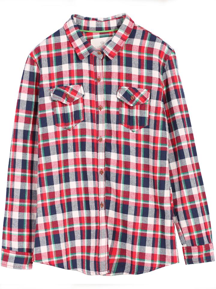 Romwe Plaid Pockets Red And Blue Blouse
