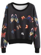Romwe Black Contrast Trim Random Butterfly Print Sweatshirt