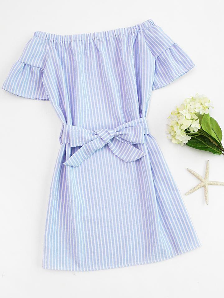 Romwe Off Shoulder Vertical Striped Self Tie Waist Dress