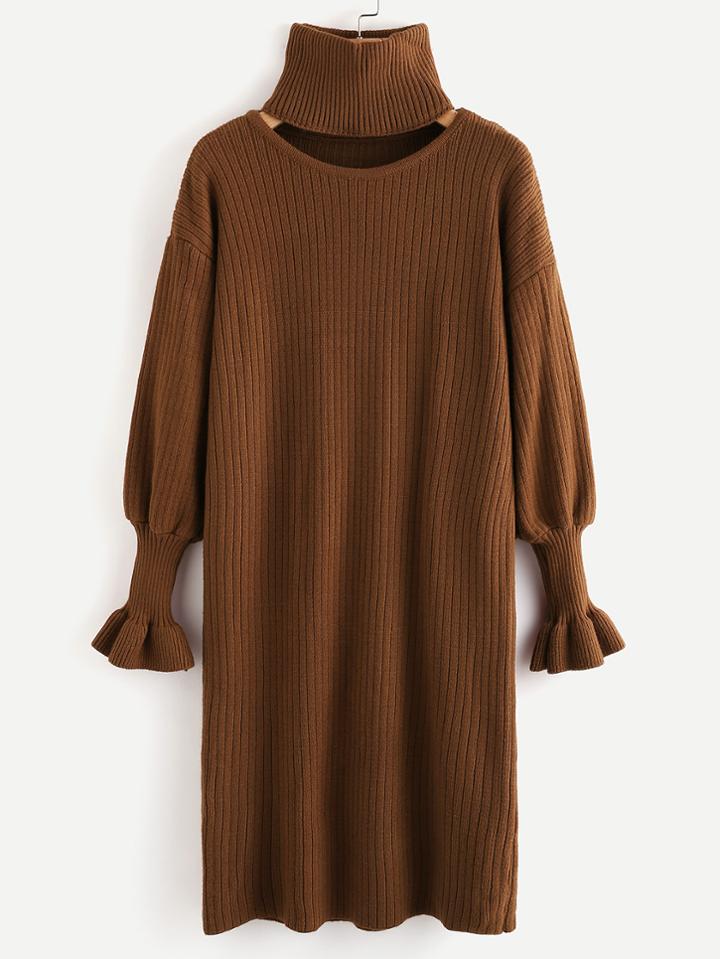 Romwe Fluted Sleeve Knit Dress With Matching Collar