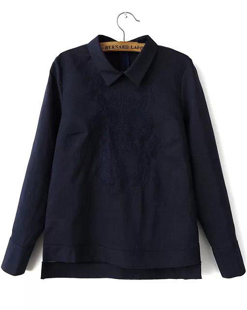 Romwe Black Lapel Long Sleeve Tiger Embroidered Blouse
