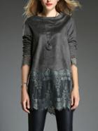 Romwe Round Neck Contrast Lace Grey Blouse