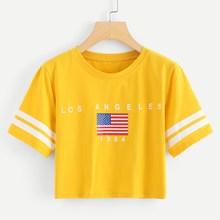 Romwe Varsity-striped American Flag Print Tee