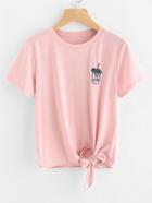 Romwe Bottle Embroidered Knot Front Tee