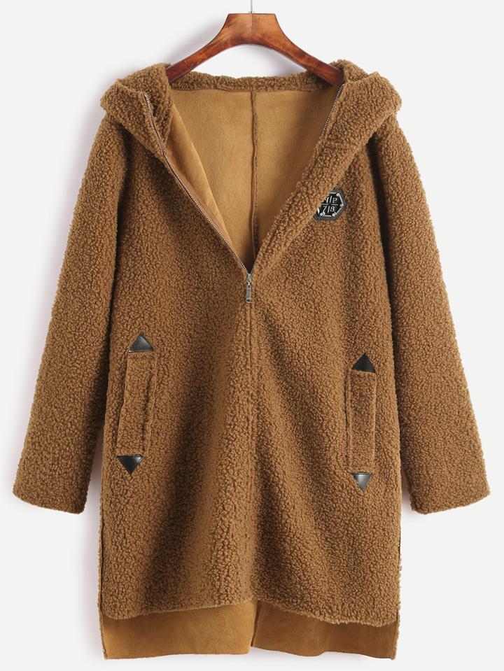 Romwe Brown Dip Hem Slit Side Patch Hooded Sherpa Coat
