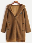 Romwe Brown Dip Hem Slit Side Patch Hooded Sherpa Coat