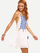 Romwe Cutout Lace-up Side Printed Chiffon Cami Dress - White