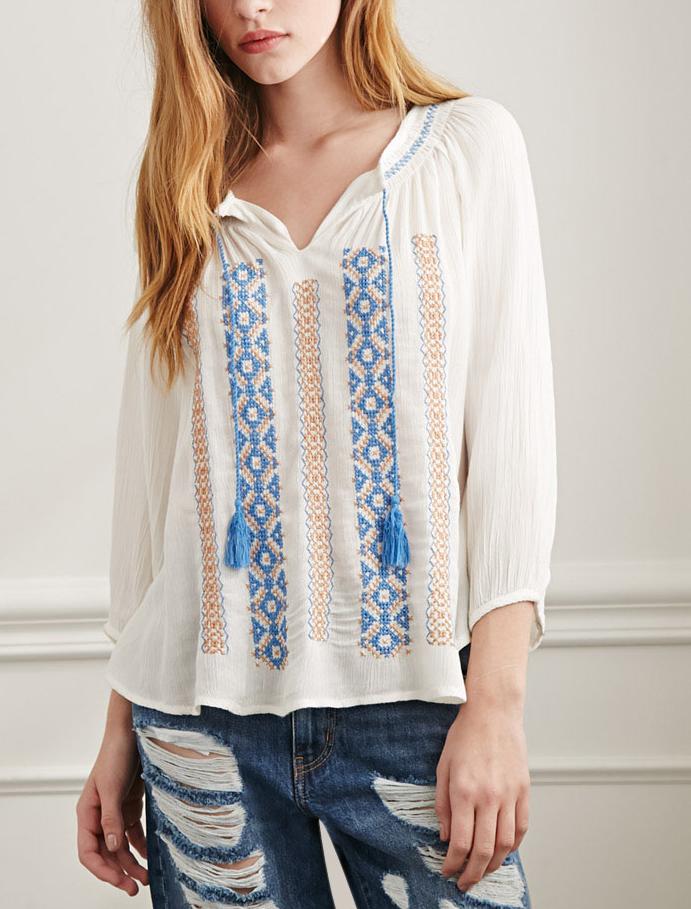 Romwe Long Sleeve Lace Up Embroidered Top