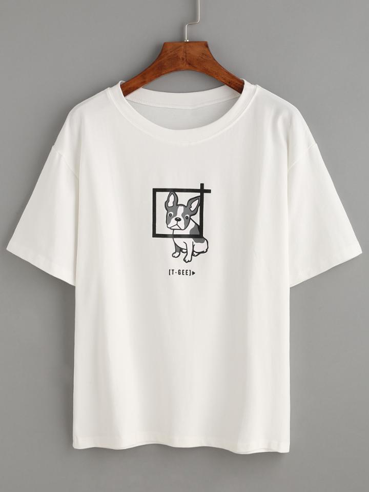 Romwe White Bulldog Print T-shirt