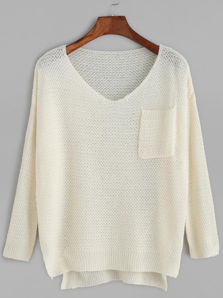 Romwe Beige V Neck Dip Hem Pocket Sweater