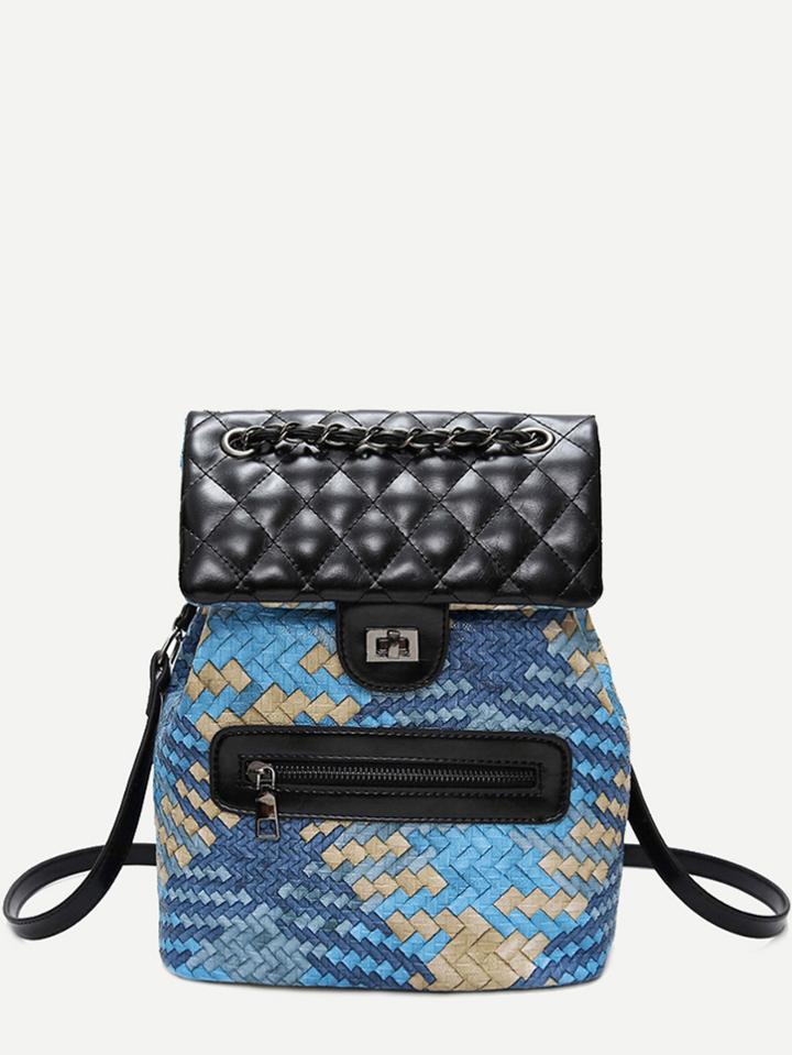 Romwe Blue Pu Front Zipper Woven Backpack