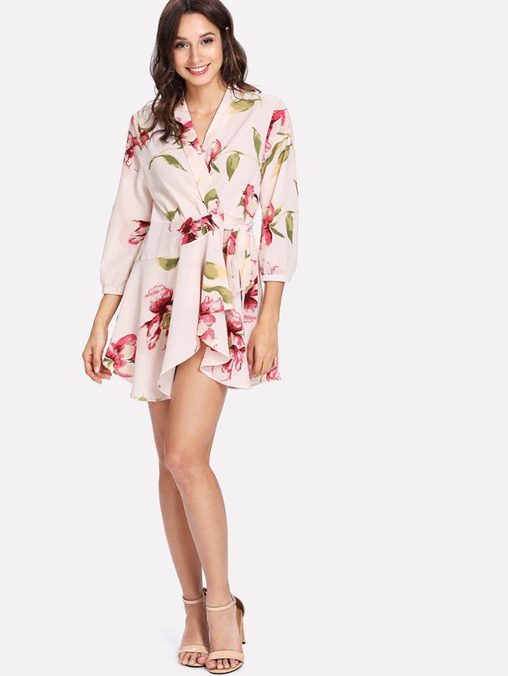Romwe Random Florals Asymmetric Hem Wrap Dress