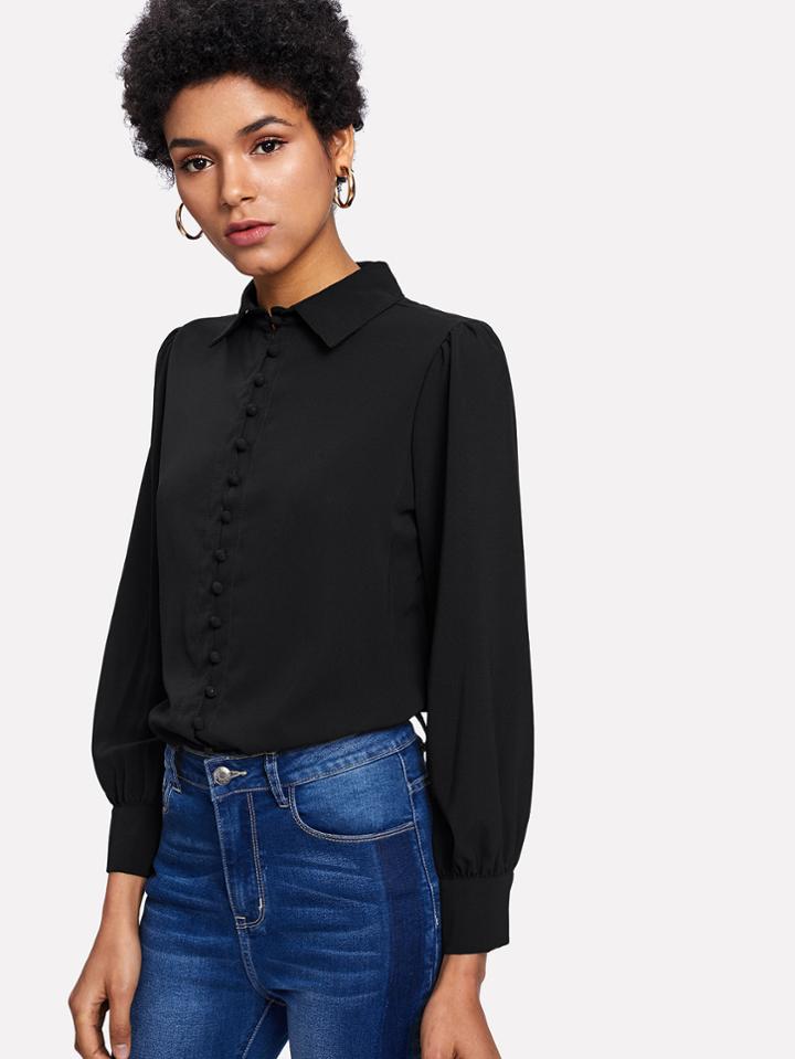 Romwe Single Breasted Pleated Detail Shirt
