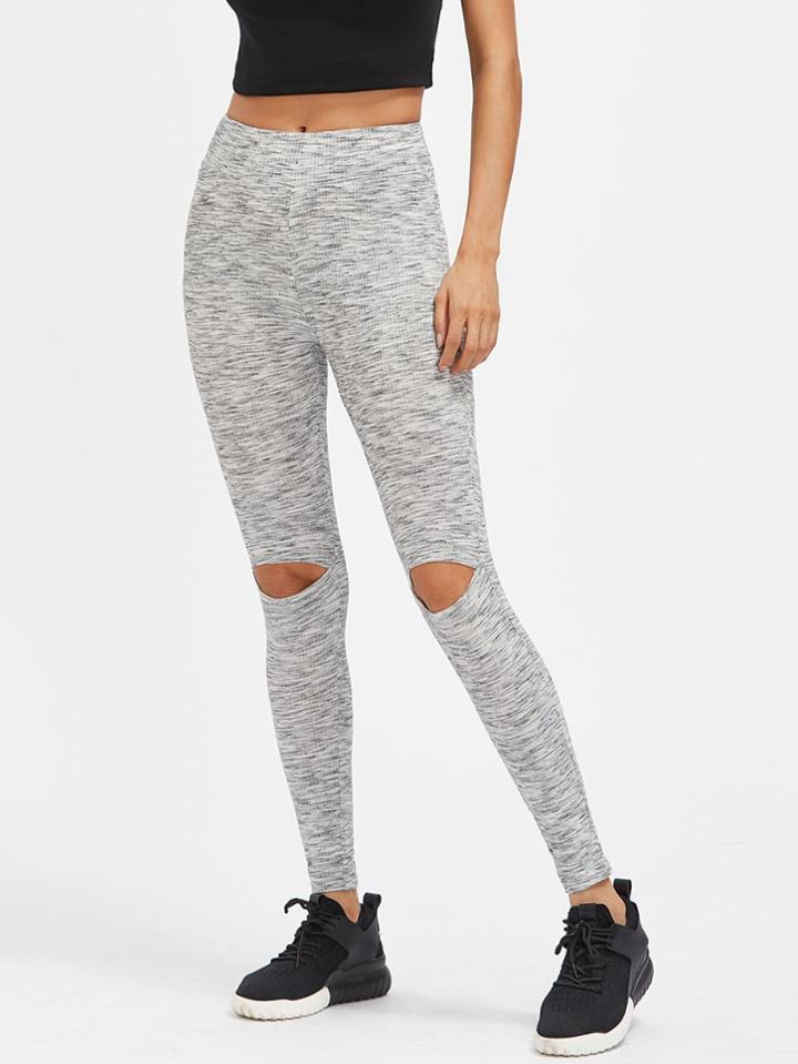 Romwe Space Dye Open Knee Ribbed Leggings