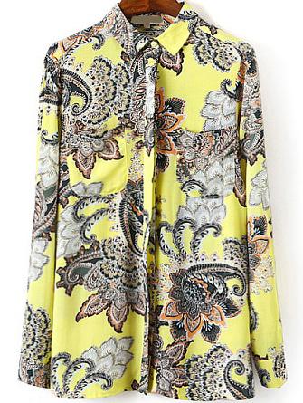 Romwe Lapel Vintage Print Blouse