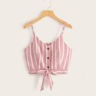 Romwe Striped Button Front Knot Hem Cami Top