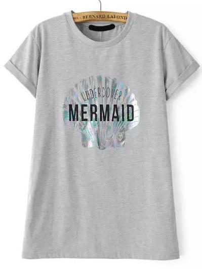 Romwe Shell Print Cuffed T-shirt