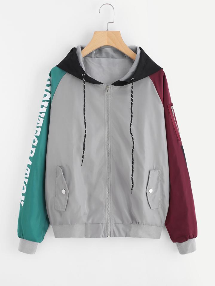 Romwe Color Block Applique Back Zip Up Jacket