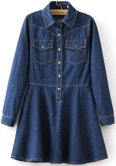 Romwe Deep Blue Lapel Denim Flare Dress