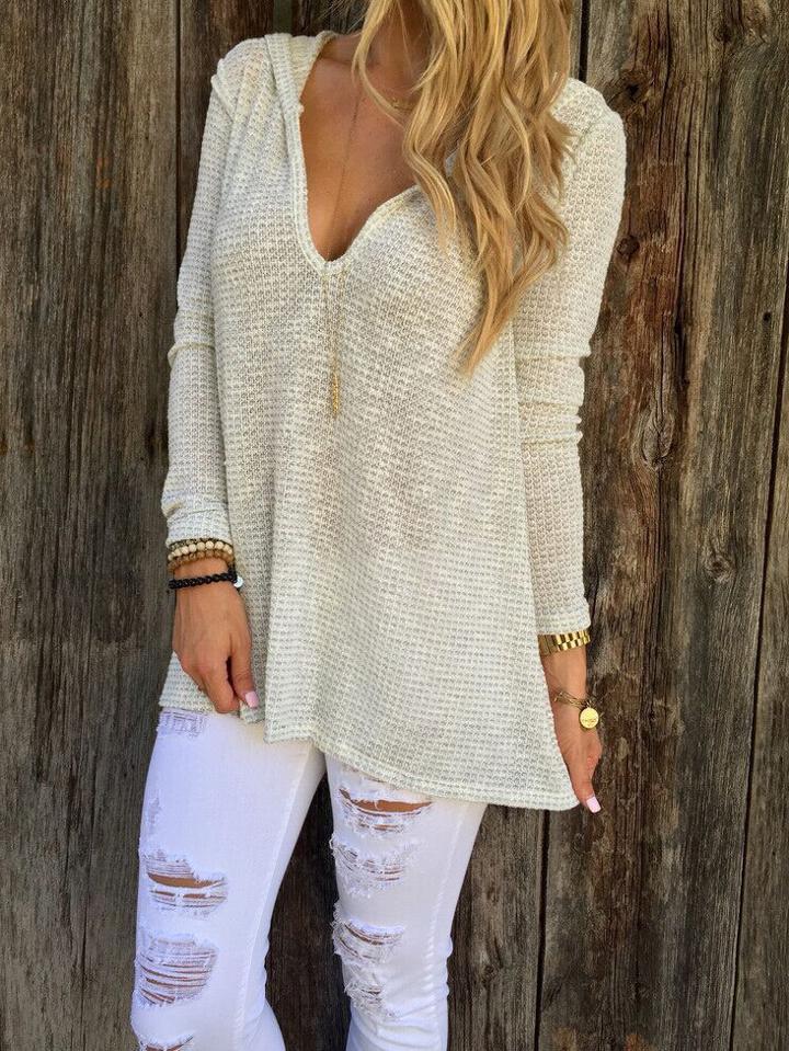 Romwe Women Beige V Neck Hooded Sweater