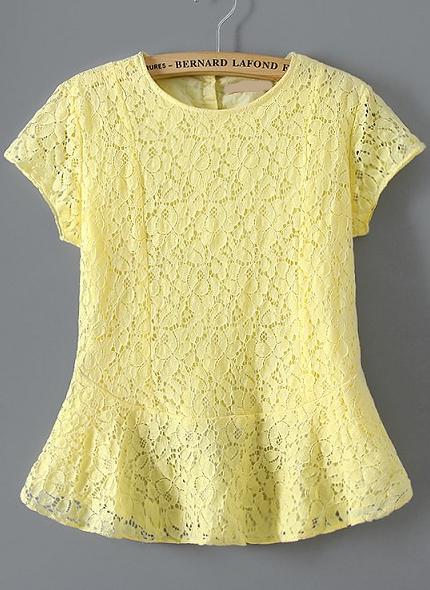 Romwe Short Sleeve Lace Peplum Hem Yellow Top