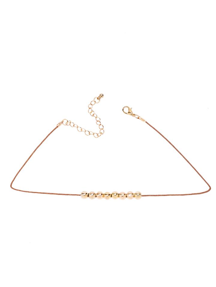Romwe Brown Cord Gold Metal Beaded Skinny Choker Necklace