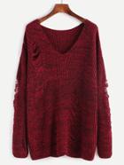 Romwe Burgundy Marled V Neck Drop Shoulder Ripped Sweater