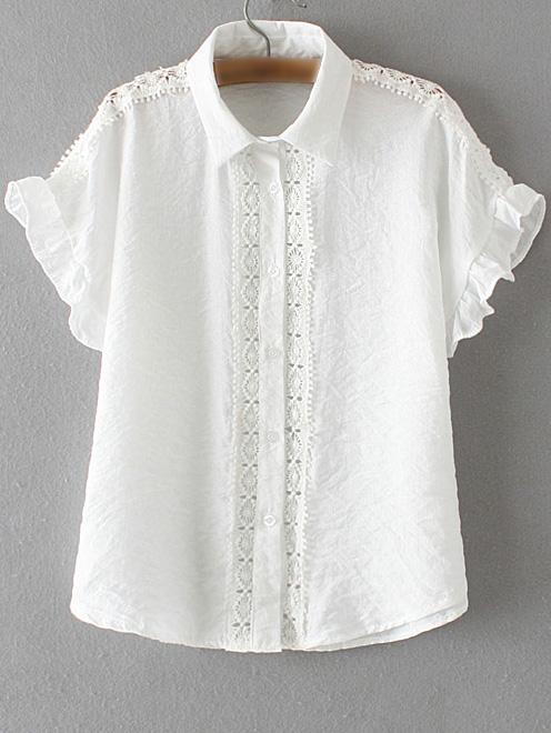 Romwe White Lapel Ruffle Cuff Crochet Bottons Front Blouse