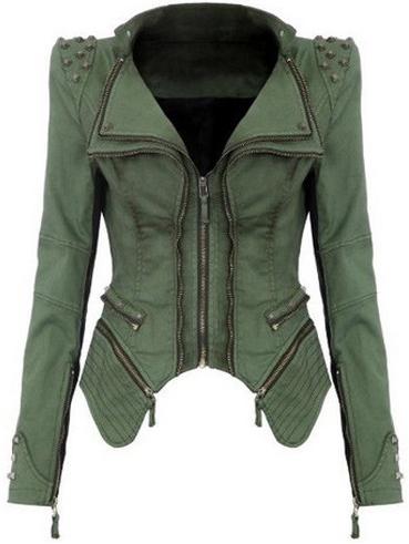 Romwe Lapel Zipper Asymmetrical Denim Green Coat
