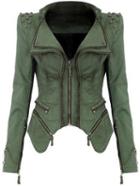 Romwe Lapel Zipper Asymmetrical Denim Green Coat
