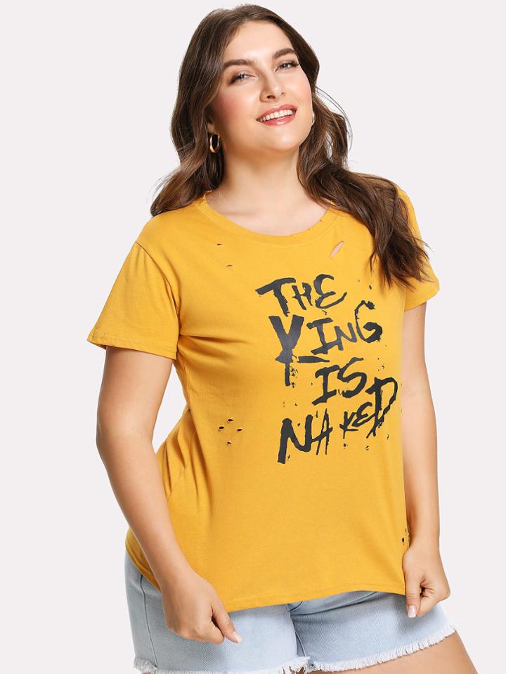 Romwe Letter Print Ripped T-shirt