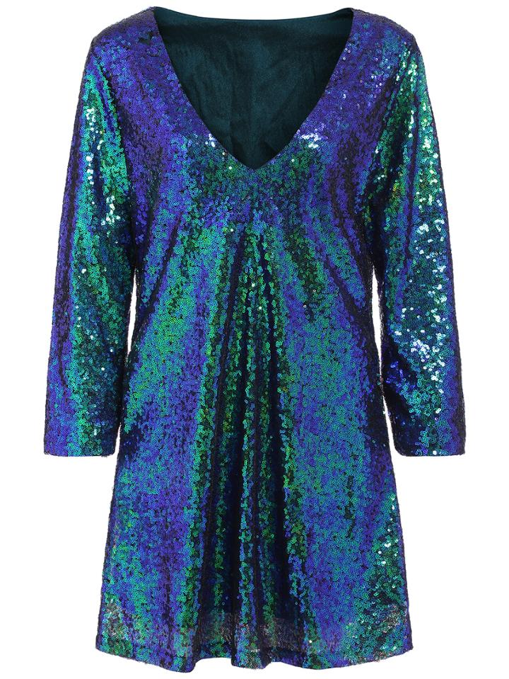 Romwe Deep V Neck Sequined Shift Green Dress