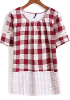 Romwe Red Short Sleeve Plaid Lace Blouse
