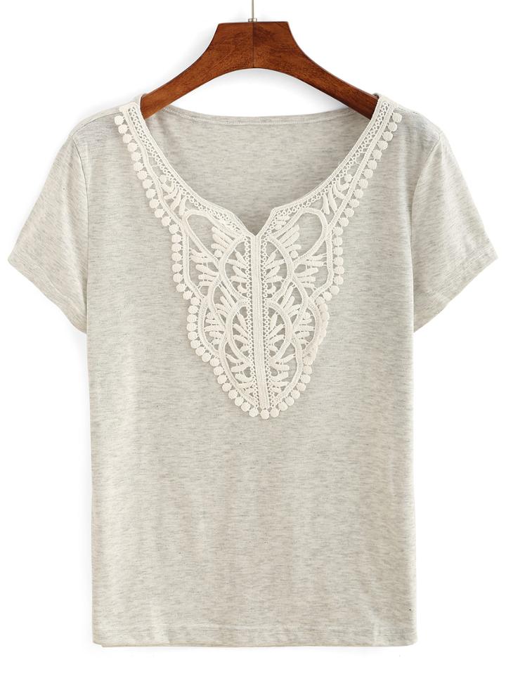 Romwe Crochet Neck Slub T-shirt