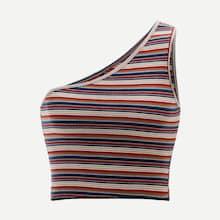Romwe Striped One Shoulder Crop Top