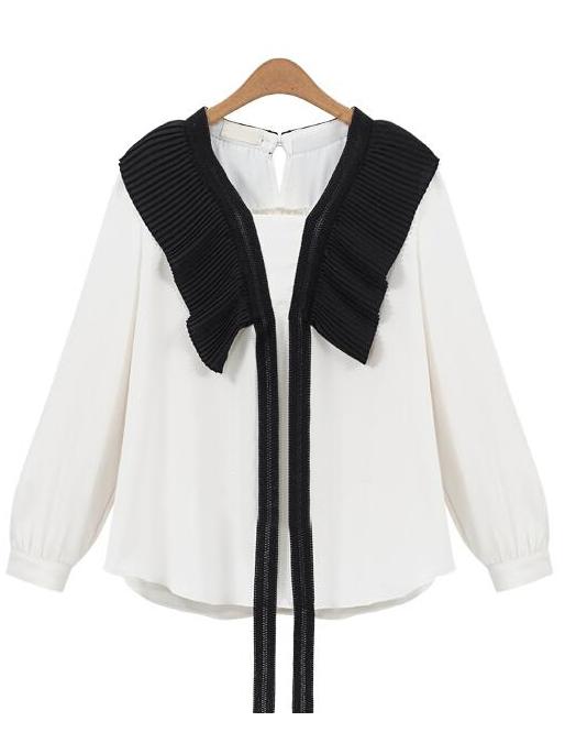 Romwe Contrast Ruffle Ribbon Blouse